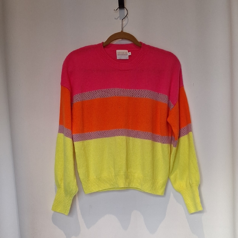 Brodie Cashmere Neon Pink Orange Yellow Colorblock Crewneck Sweater